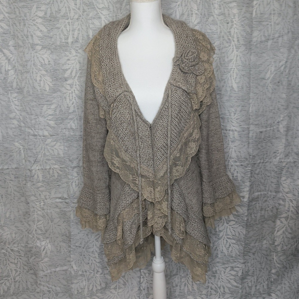Sloni Womens Knit Cardigan Sweater Taupe Lace Ruffle Rosette Wool Blend Medium